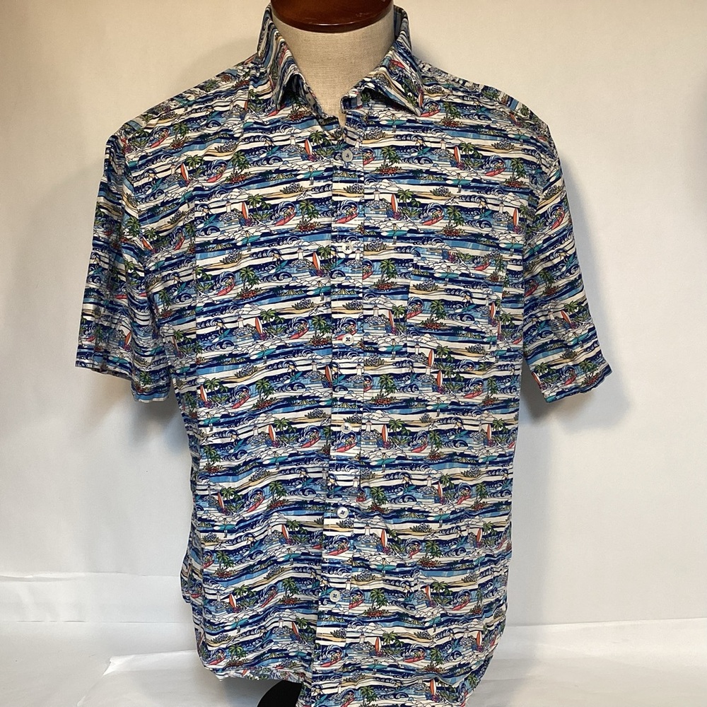 Alan Flusser Men’s Hawaiian button down shirt size XL Surfing Design